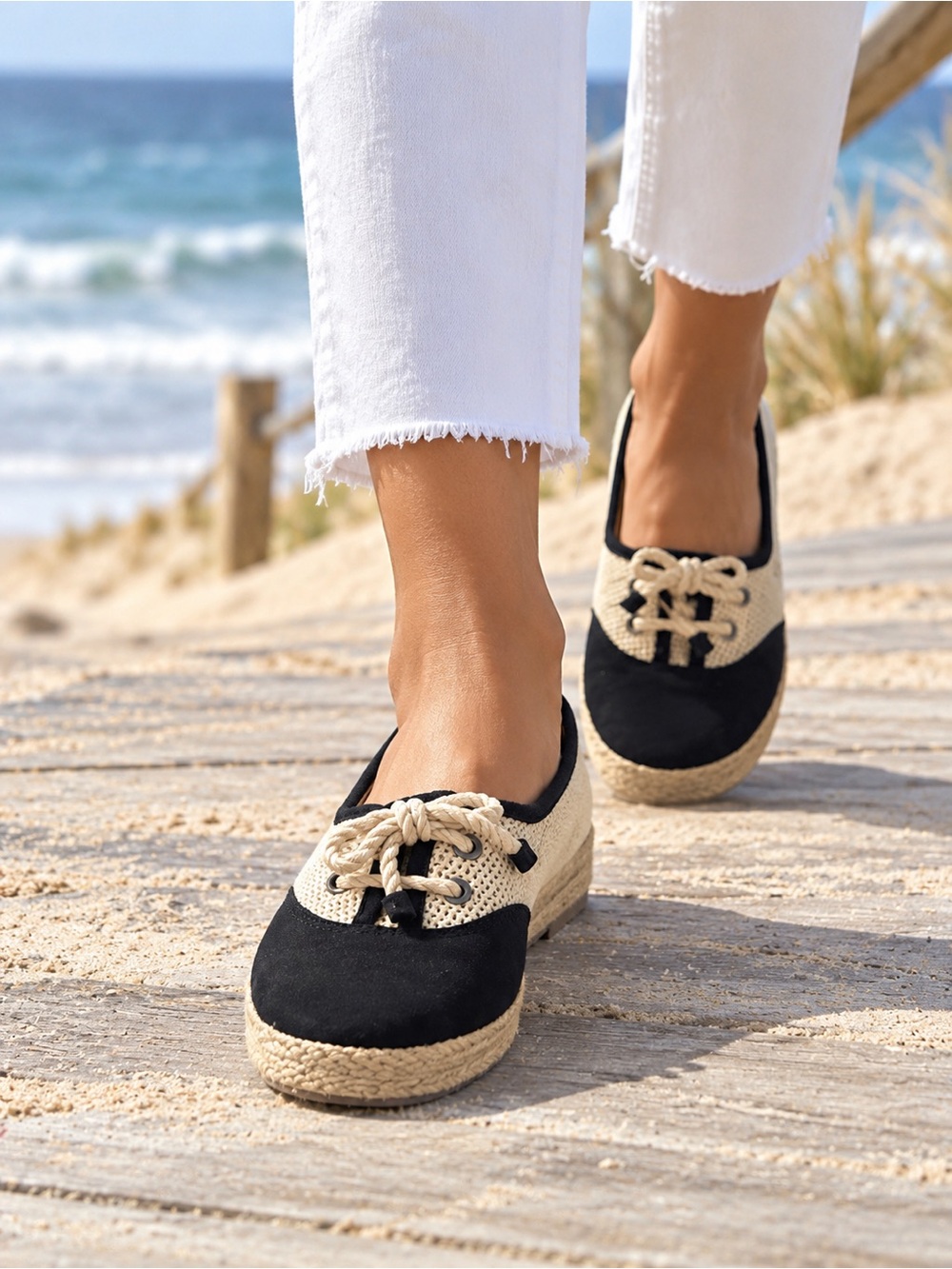 UGG Catrin Crochet Black and Natural Flats with Rope Laces